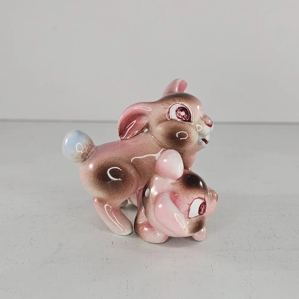 Vintage Pink Bunny Rabbit Salt Pepper Shaker Set Figurines Ceramic Japan *Repair - Picture 3 of 12